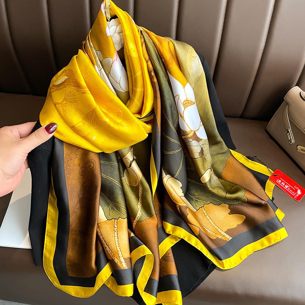 New silk scarf new silk satin printed shawl holiday fashion sunscreen long section simulation silk scarf
