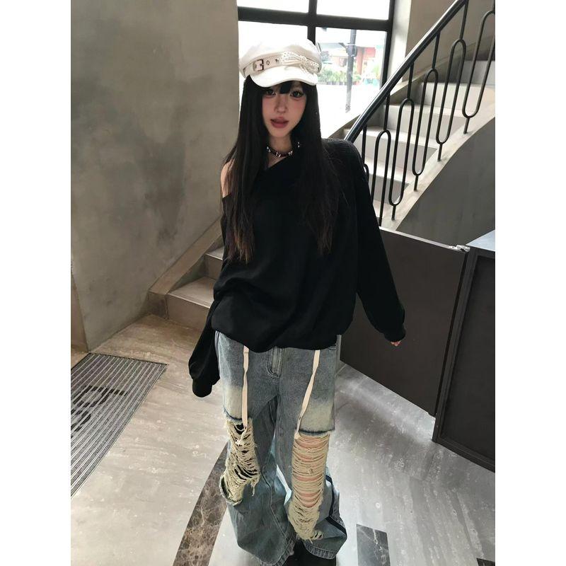 

American Retro Sexy Black Sloping Exposed Shoulder Sweatshirt Female Spring & Fall 2025 New Arrival Sense of Relaxation Lazy Style Long Sleeve Tops Black XL