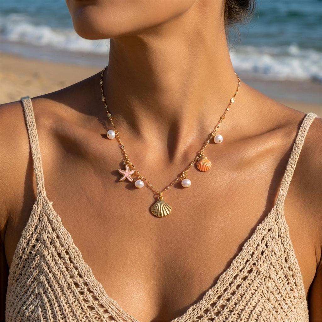 Boho Multilayer Starfish Shell Conch Pendant Necklace For Women Trendy Summer Beach Pearl Chains Choker Travel Party Jewelry