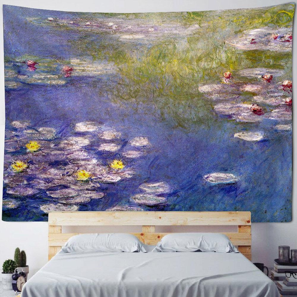 Retro oil painting, water lily print, tapestry, flower and plant wall hanging, home decoration, abstract aesthetic tapestry