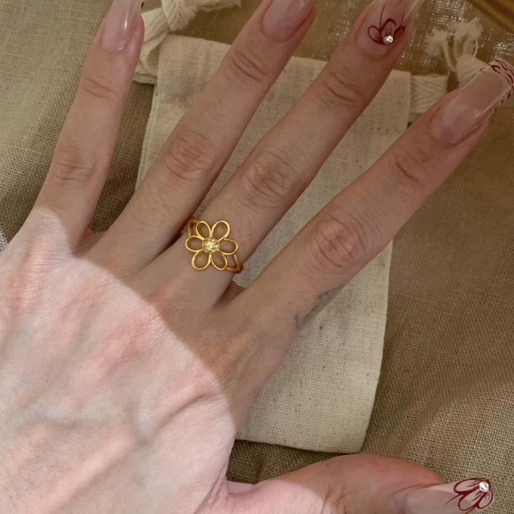 PANJBJ 925 Sterling Silver Golden Flower Rings for Women Openwork Sweet Romantic Office Jewelry Gift Prevent Allergy Dropship