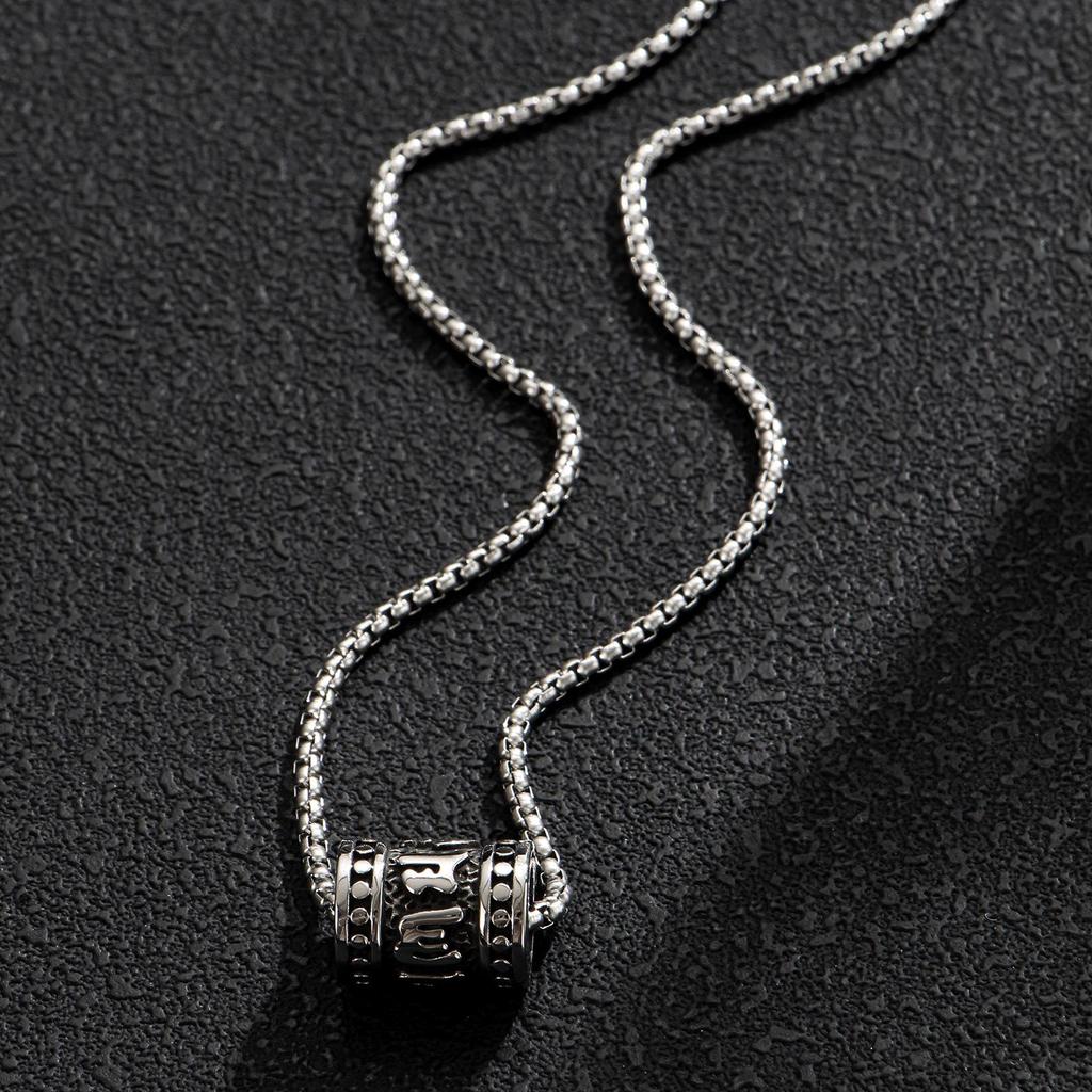 Men's Distressed Stainless Steel Embossed Pendant Necklace with Long Box Chain