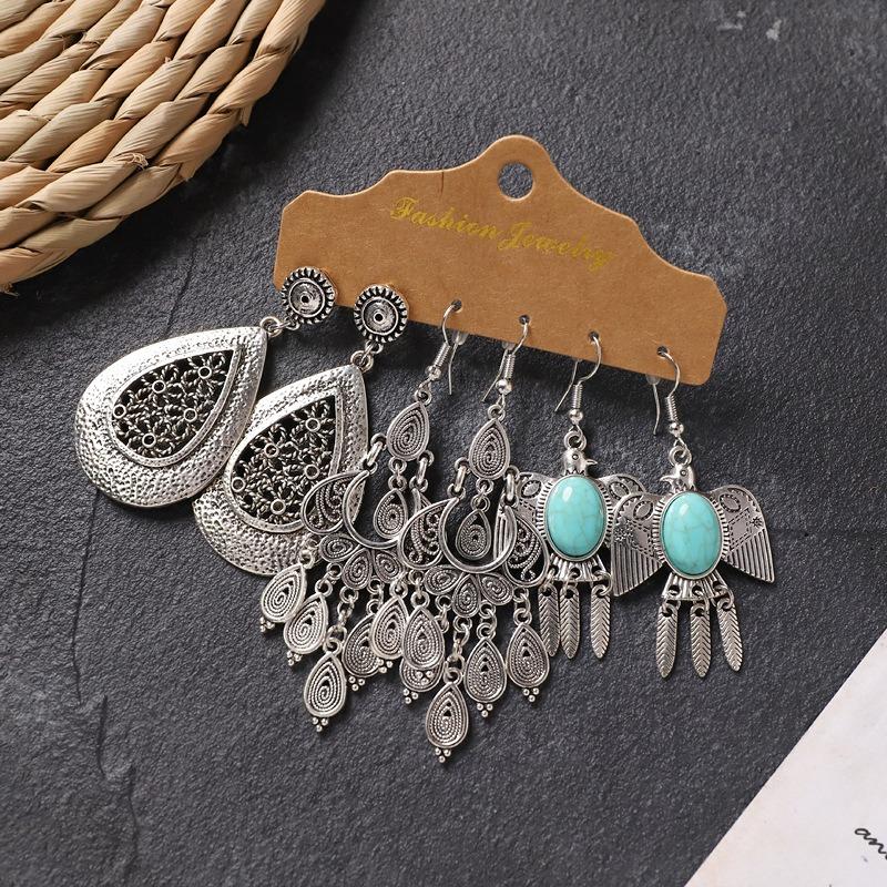 Retro long earrings, Tibetan silver tassel women's bohemian high-end metal vacation earrings set