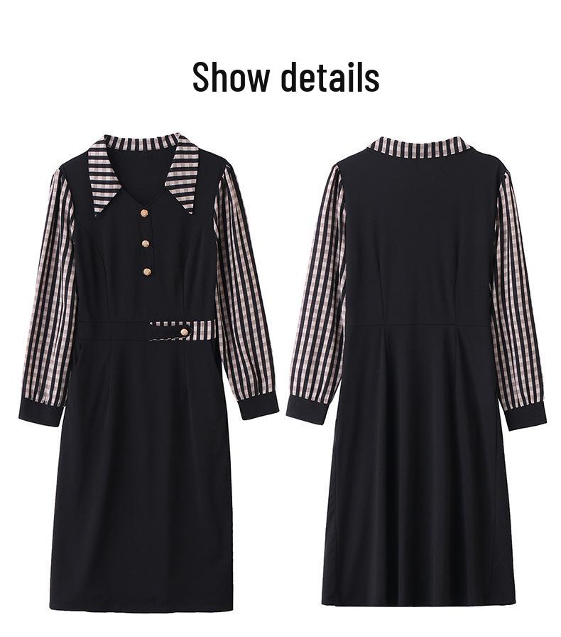 Vestido de Cuadros Primavera 2025: Elegante cuello vuelto para mujer, talla grande, diseño patchwork que estiliza la cintura (LX256)