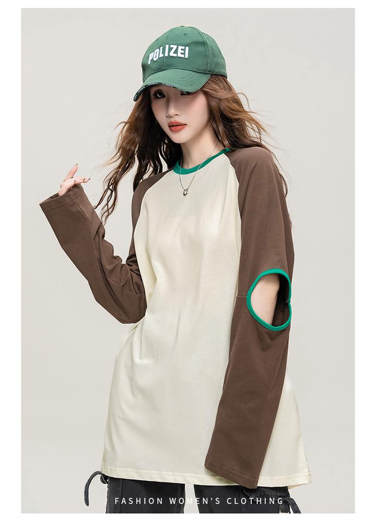 Hollow out design: Spring and Autumn fashion raglan sleeves contrasting color round neck T-shirt cool and cool casual loose top