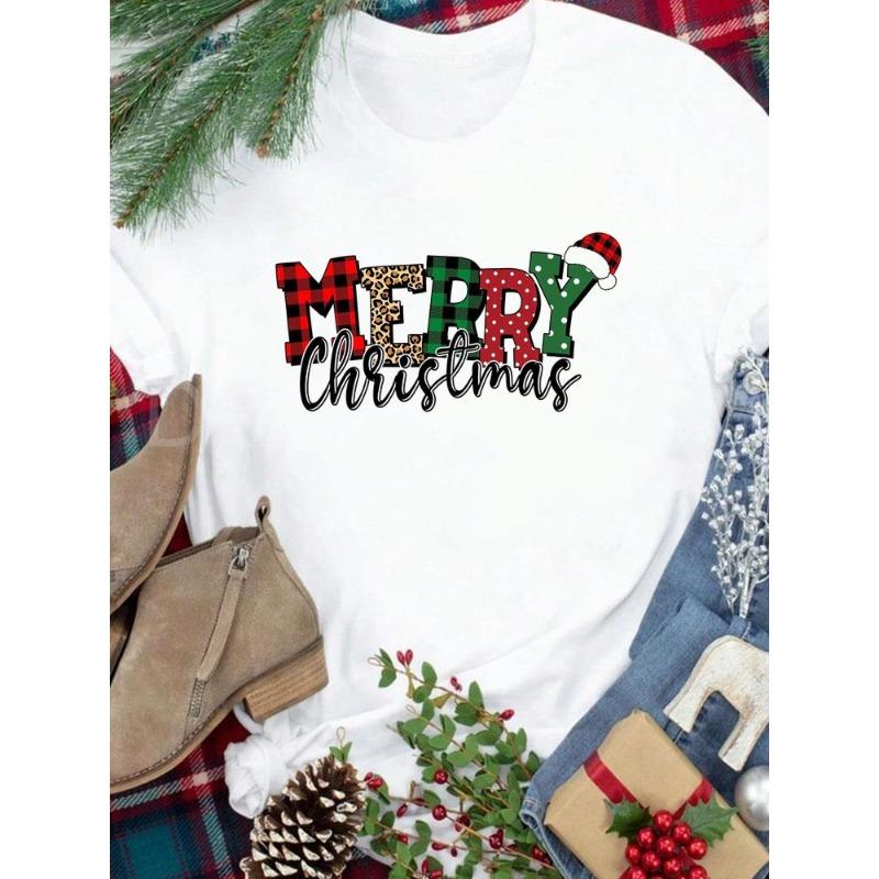(European Size) New Year Holiday Lovely Trend 90s Tee Merry Christmas Top Festival Casual Women Print Lady Short Sleeve Fashion Graphic T-shirts