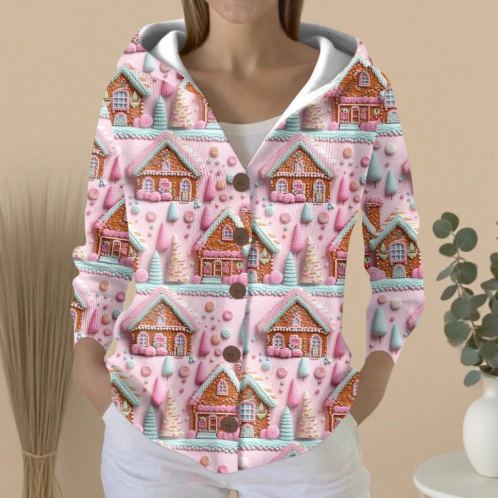 Women's Fashion Casual Sweater Button-Up Print Cardigan  Hooded Jacket