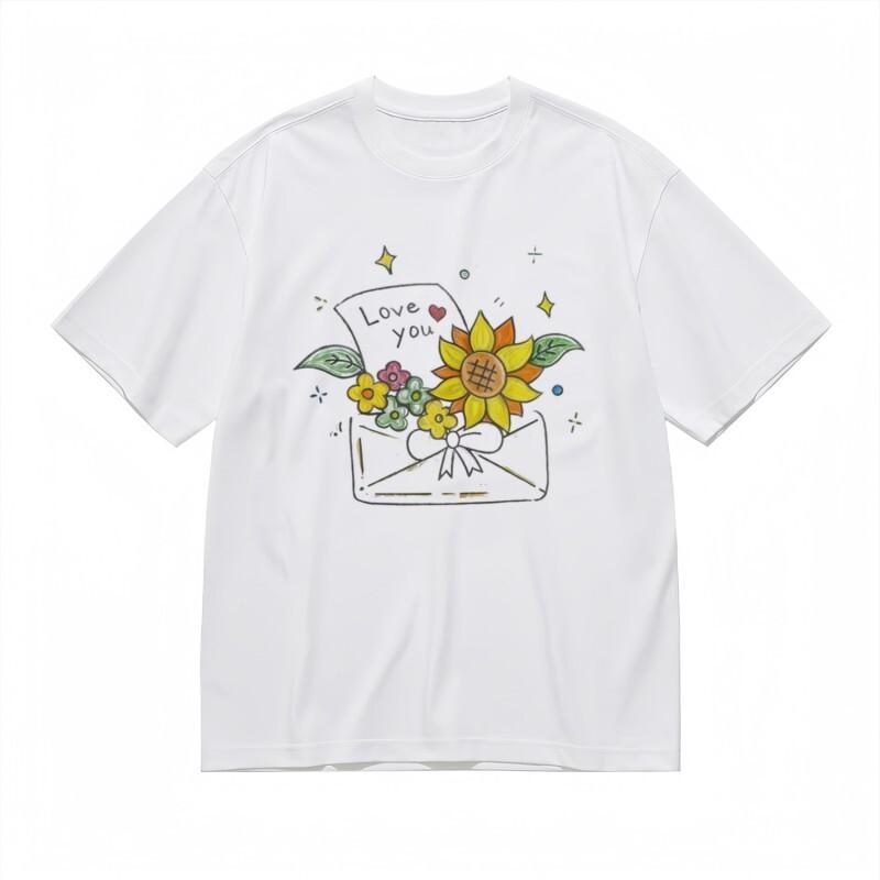 Women s Breathable Classic T-Shirt Hand-Drawn Sunflower Heart Mail Art Tee 4XL