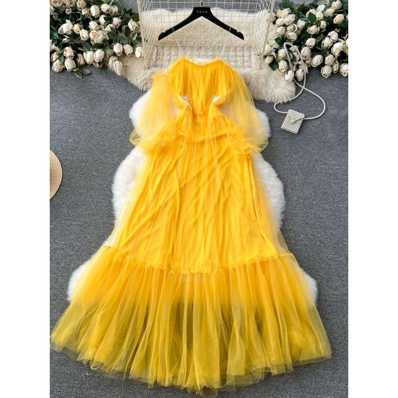 Court Style Dress Classy Light Luxury Minority Embroider Tight Waist Long Slimming Mesh Fairy Dress Sling Dress Women