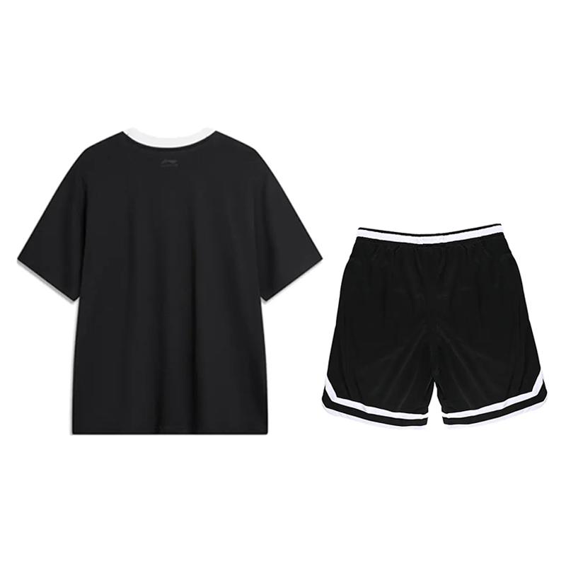 Li Ning Amerikanischer Buchstabenlogo Rundhals Kurzarm Gestreifter Druck Vintage Wettkampfshorts Lässiger Sportanzug YHSV367-2+YAPV001-1