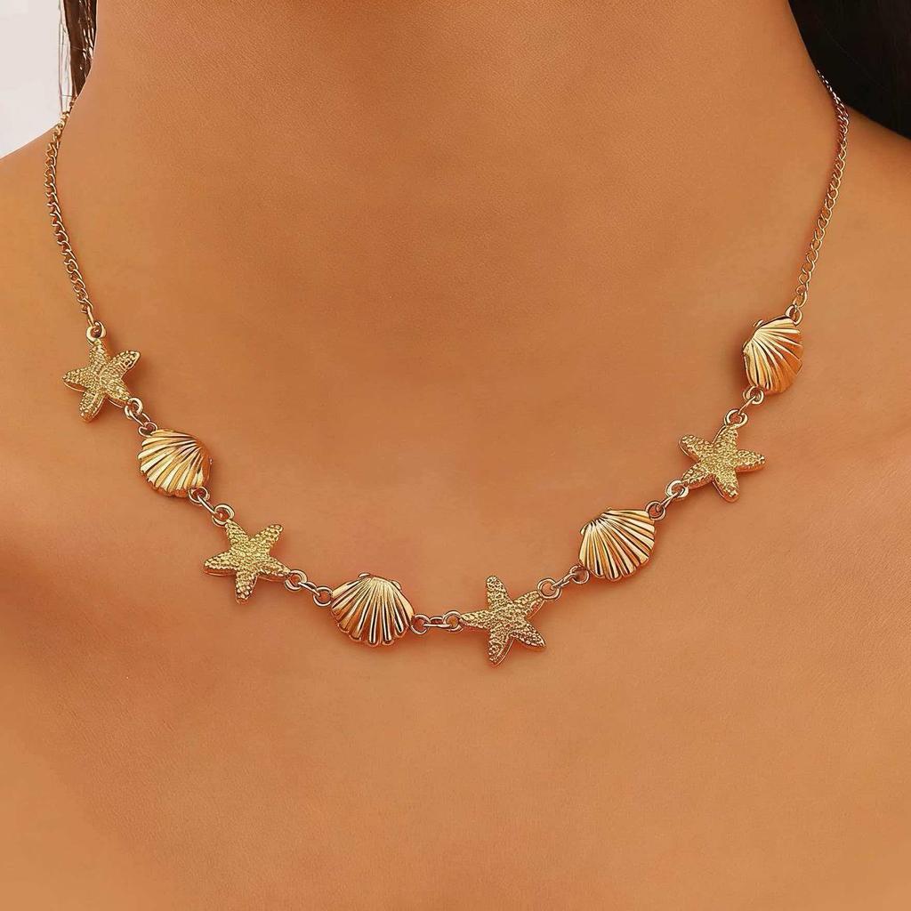 Gold Plated Starfish & Shell Jewelry Set, Ocean Themed Necklace, Earrings & Bracelet for Women