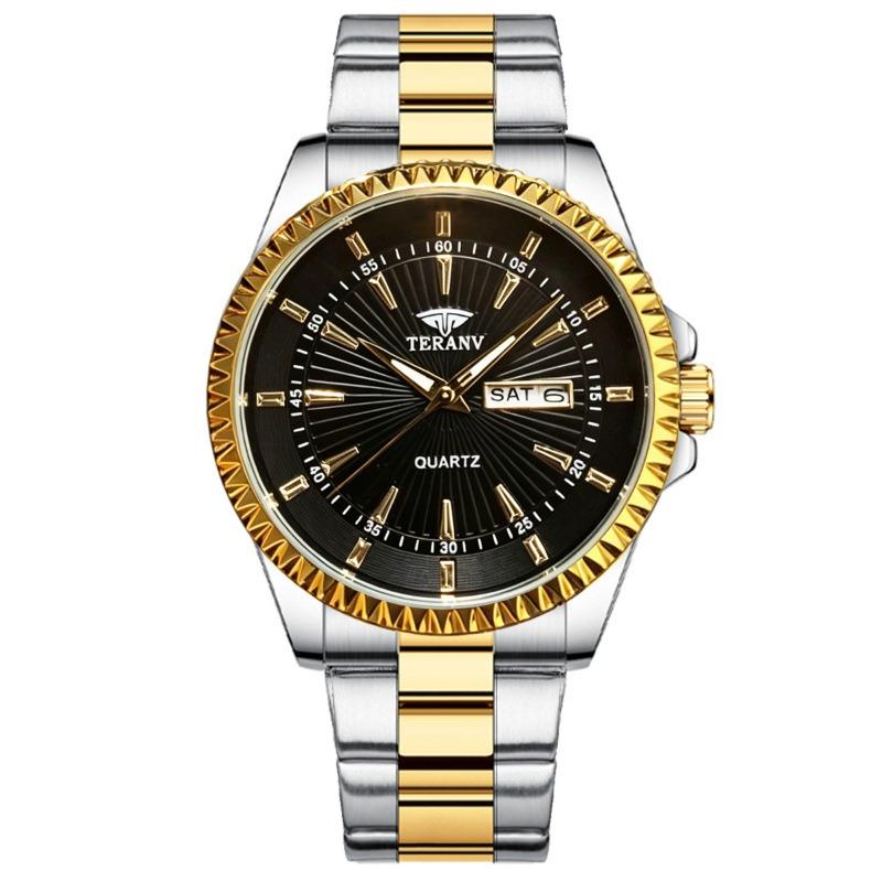 Herren Wasserdichte Doppelkalender Stahlarmband Quarz Armbanduhr Mode Business