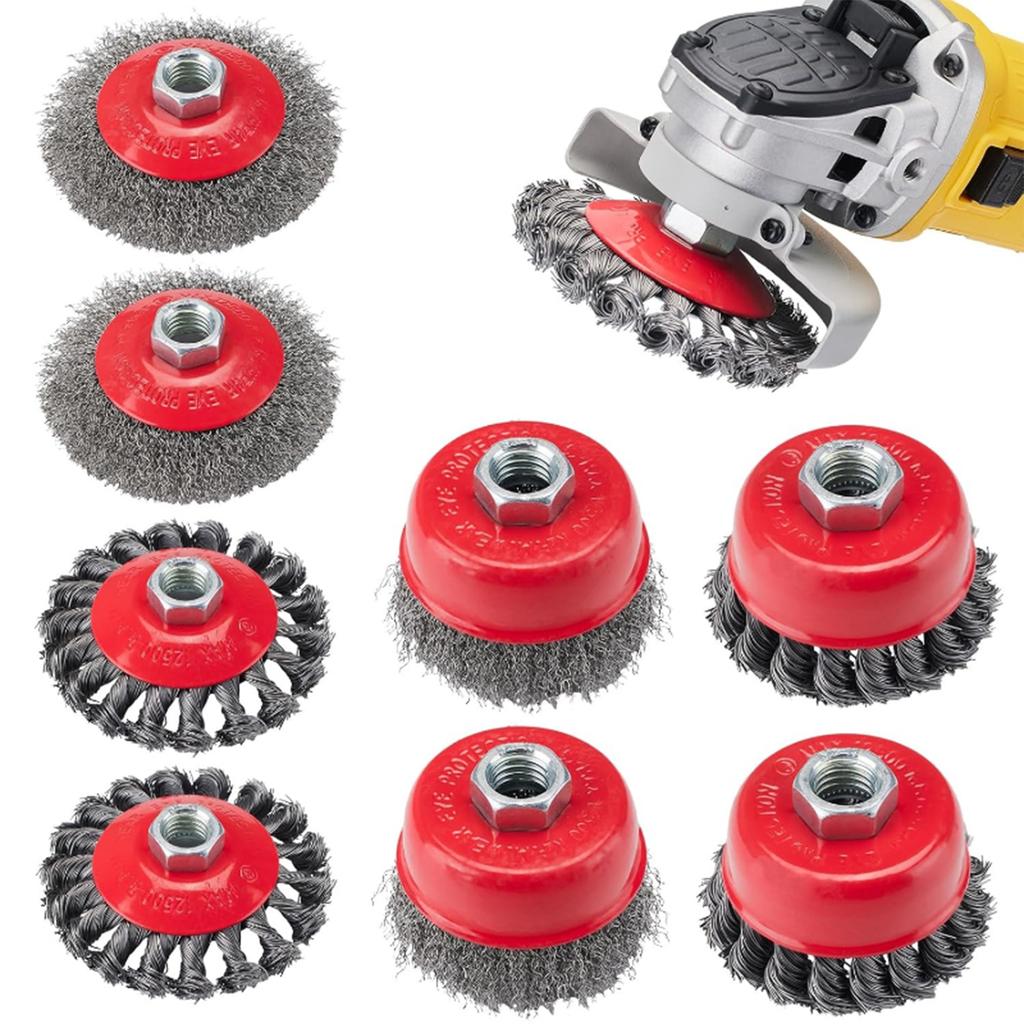 8-Piece Knotted Wire Cup and Disc Brush Set for Removal and Polishing