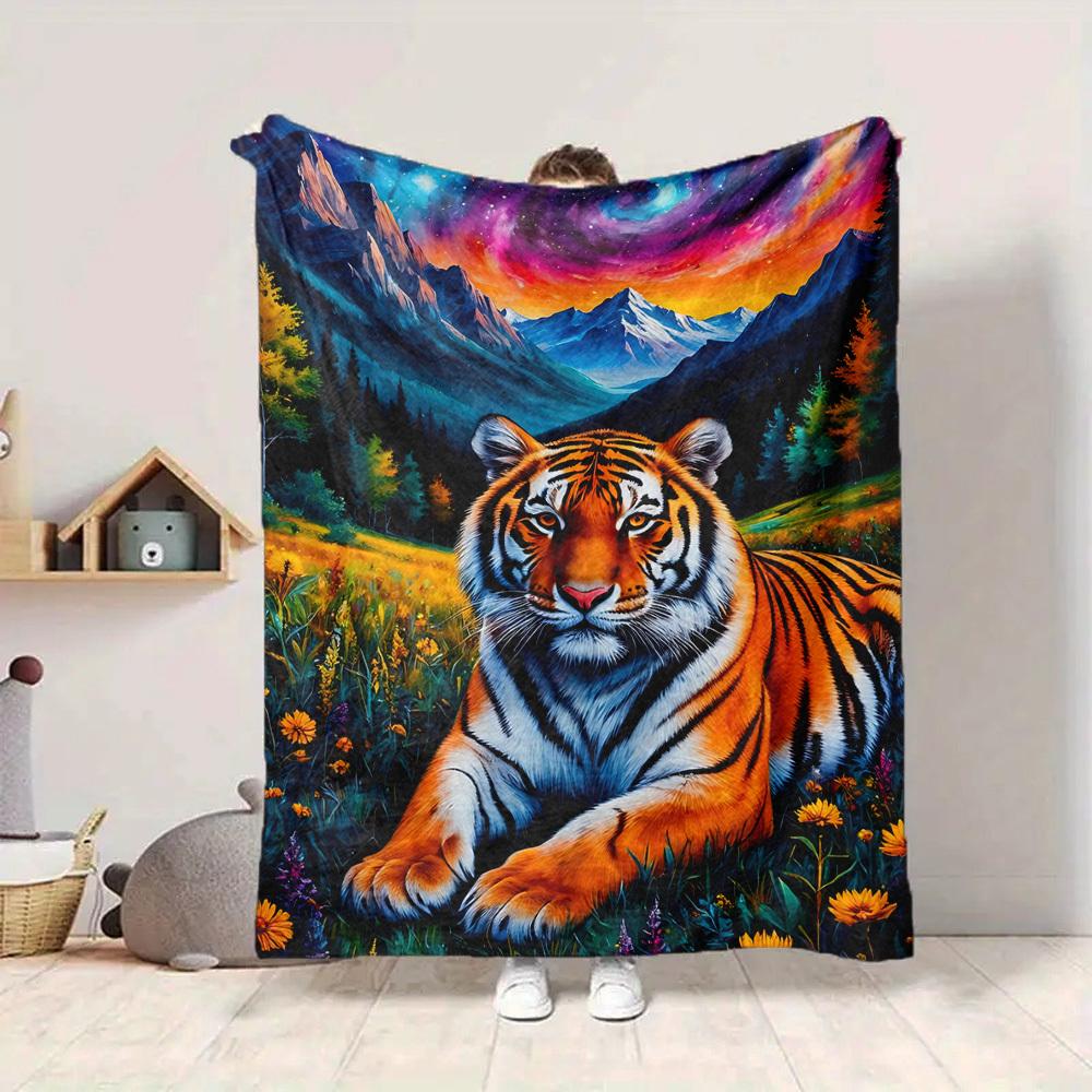 1pc Tiger Fantasy Landscape Blanket Lightweight Flannel Blanket Throw Blanket For Sofa, Bed, Travel, Camping, Livingroom, Office, Couch, Chair, And Be