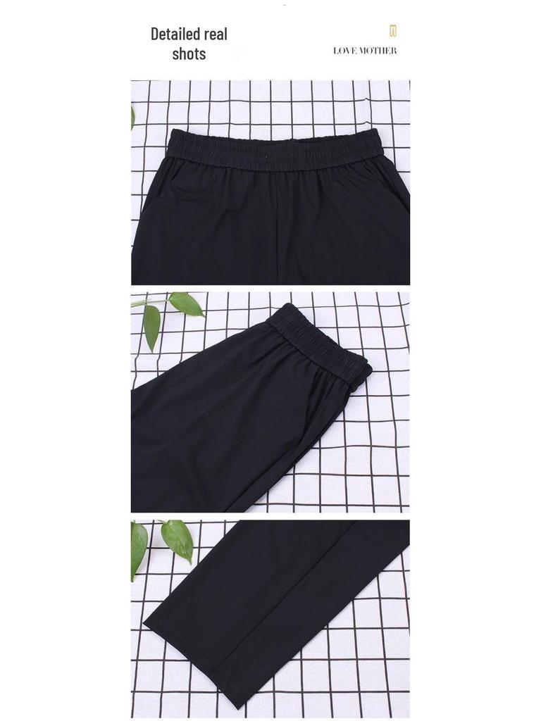 Women's Ice Silk Quick-Dry High Waist Cropped Trousers - Summer Lightweight, Elastic, Breathable Loose Fit for Middle-Aged & Elderly.