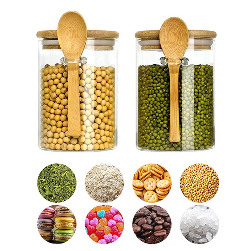 2Pcs Glass Jars Food Storage Container Spice Jars with Bamboo Lid Tea Coffee Sugar Storage Jars Small Canister for Kitchen 550ML