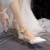 2025 Summer Luxury Silk White Wedding Shoes for Women  Pearl Ankle Straps High Heels Pumps Woman Pointed Toe Heeled Dress Shoes