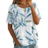 Damen Vintage Print Kurzarm Top - Rundhalsausschnitt, Baumwoll-Leinen-Stoff