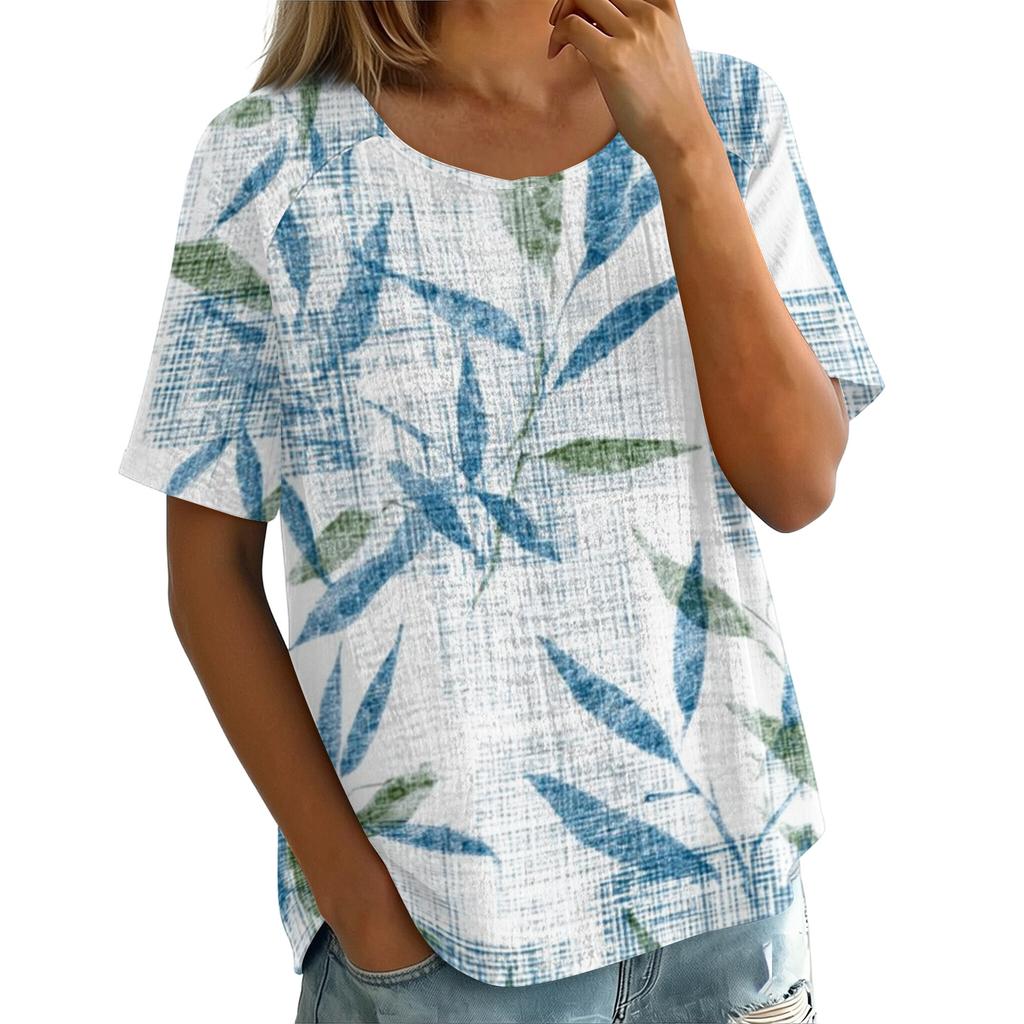 Damen Vintage Print Kurzarm Top - Rundhalsausschnitt, Baumwoll-Leinen-Stoff
