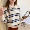 Women's Striped Wool Polo Collar Knit Top - European & American College Style, Autumn/Winter