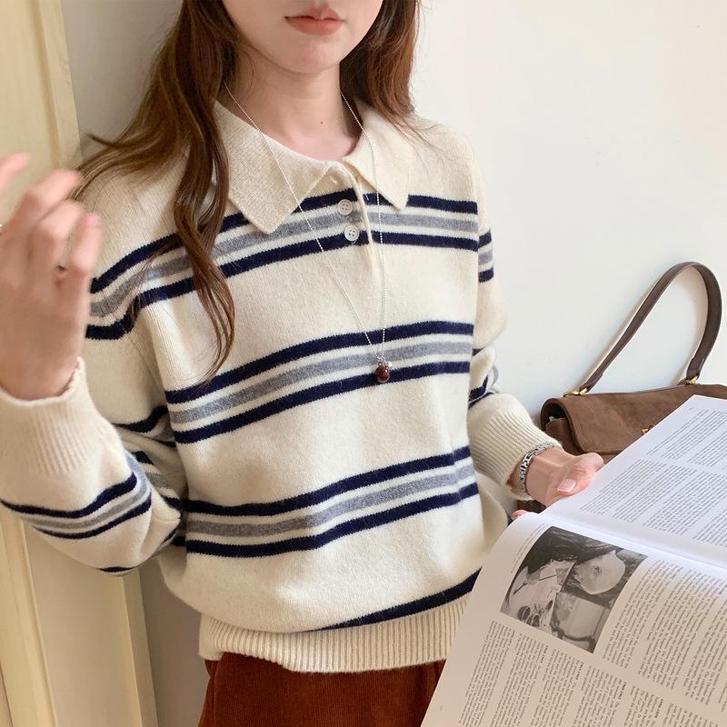 Women's Striped Wool Polo Collar Knit Top - European & American College Style, Autumn/Winter