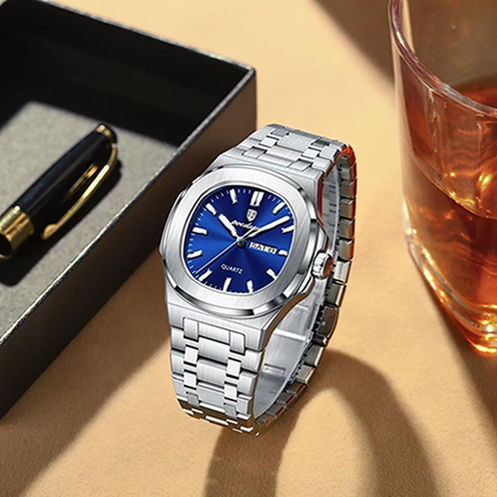 Luxury Square Men's Watches Waterproof Luminous Date Week Men Watch Stainless Steel Fashion Quartz Wristwatch
