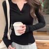 Korean Style Slim Fit Women's Cotton Long Sleeve T-Shirt with Half-Open Collar, Early Autumn Fashion.