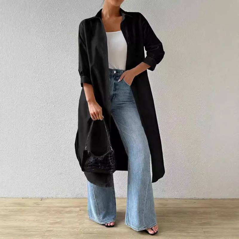 Autumn Collar Long Sleeved Solid Color Korean Versatile Long Style Women's Clothing Solid Color Cardigan Mid Sleeve Shirt Tops