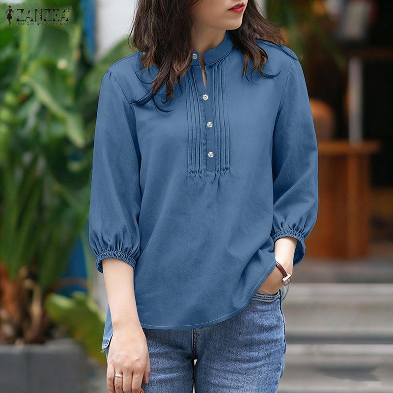 ZANZEA Damska codzienna bluzka z luźnym krojem, ze stójką, w jednolitym kolorze, z rękawami 3/4