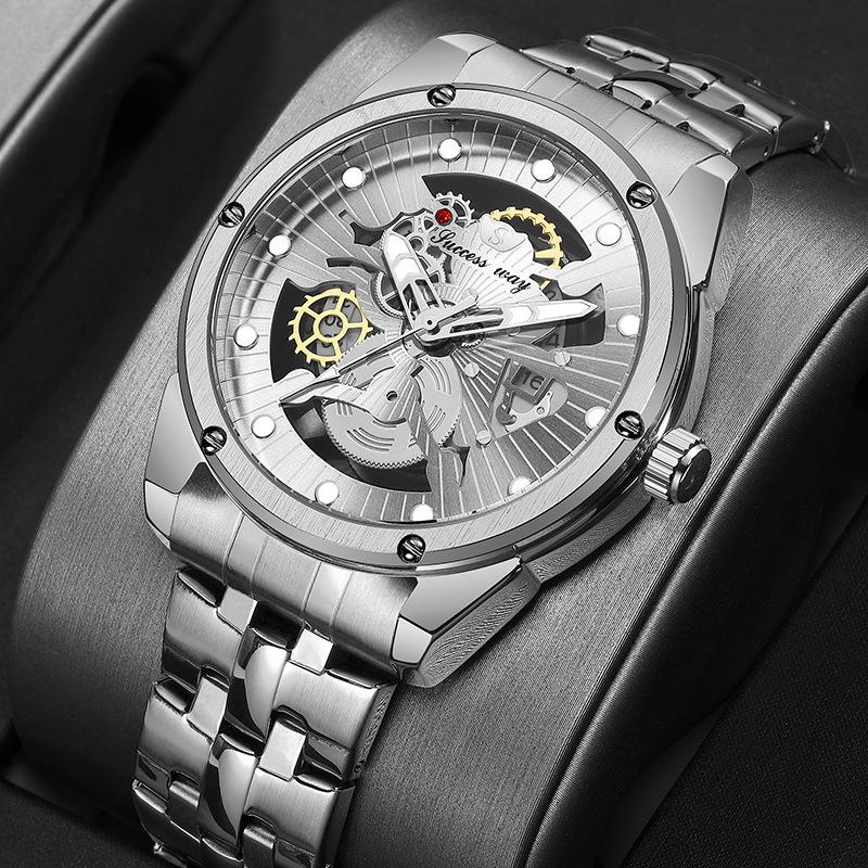Imitation Mechanical Watch Double-sided Hollow Fashion Trend Men's Business Steel Band Calendar Watch