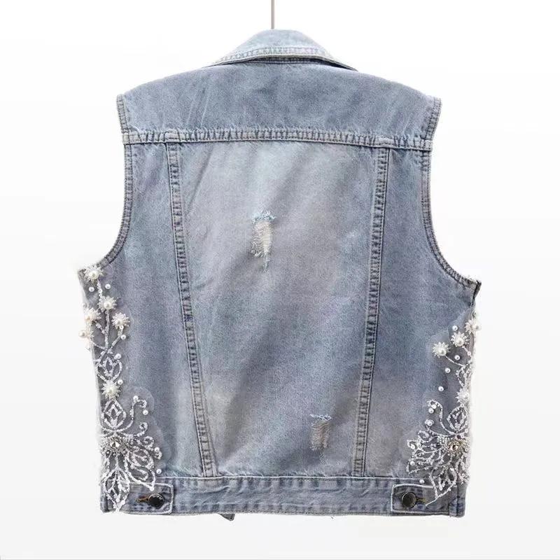 Chaleco Vaquero Floral de Diseño Corto para Primavera y Verano para Mujer Abotonado Viejo Personalizado para Viajeras Tops