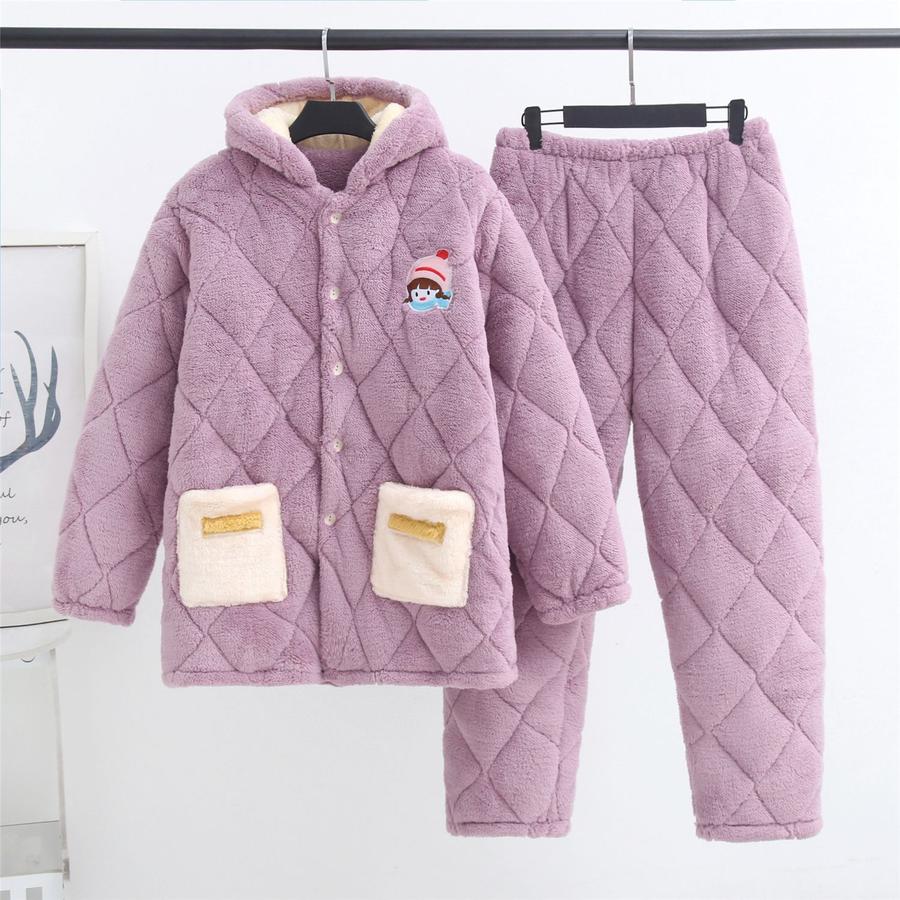 Women's Winter Three-Layer Fleece Pajamas, Coral Velvet Flannel Winter Warm Pajamas for Outdoor Wear Home Clothes
