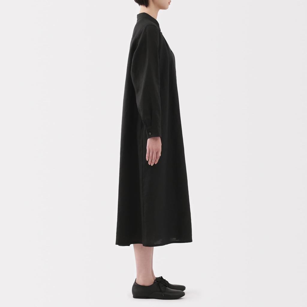 MUJI Women's Linen Washed Long Sleeve Shirt Dress, Black, Size Small, BC2LDA5S
