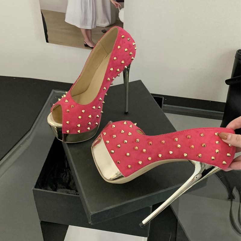 Escarpins à plateforme et bout ouvert de 16 cm, style sexy, avec bride arrière, ornés de rivets métalliques, parfaits pour les mariages et les banquets.