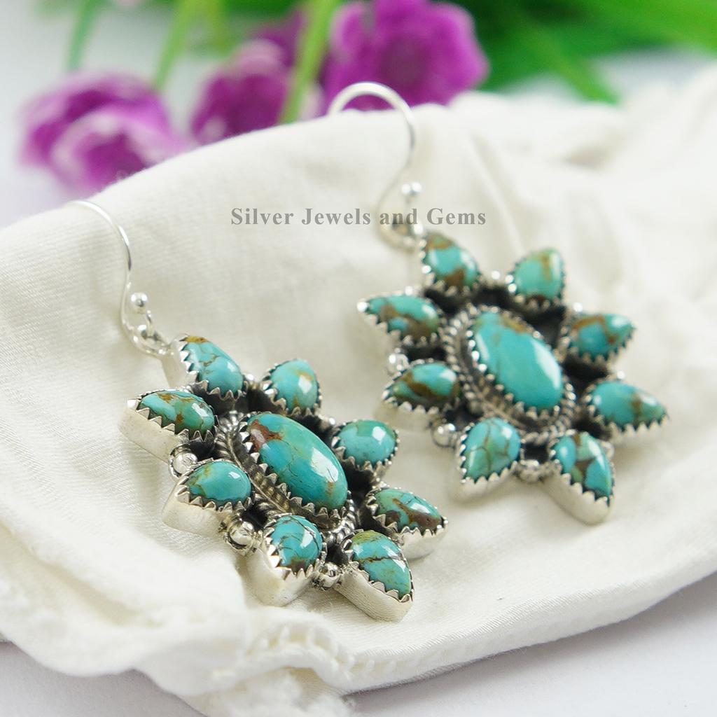 Arizona Turquoise Sterling Silver Dangle Earrings: Cluster Jewelry