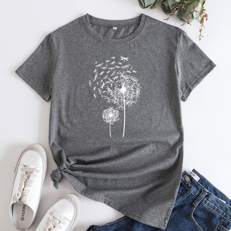 Summer Round Neck Dandelion Dragonfly Pattern Printed Top Fashionable Casual Short Sleeved Women's Pure Cotton T-shirts
