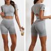 Seamless Pleated Yoga Suit Two-piece Set For Women's Outdoor Fitness, High Waisted Slimming And Tight Fitting Short Sleeved Yoga Set