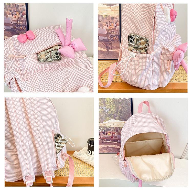 Cute Bowknot Plaid Backpack for Women Girls Large Capacity School Bag Casual Travel Daypack College Student Bookbag