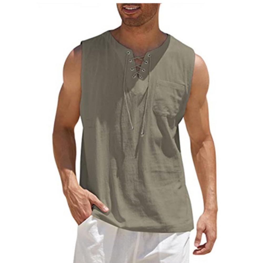 New Men's Sleeveless Top with Tie Up Stand Collar Pullover Shirt