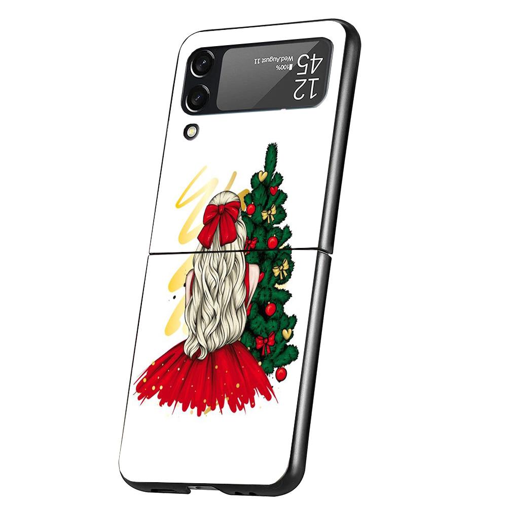 Christmas Girls Tree Gift Cover Phone Case For Samsung Galaxy Z Flip 7 6 5 4 3 5G Flip7 Flip6 Flip5 Flip4 Flip3 Black Fundas She