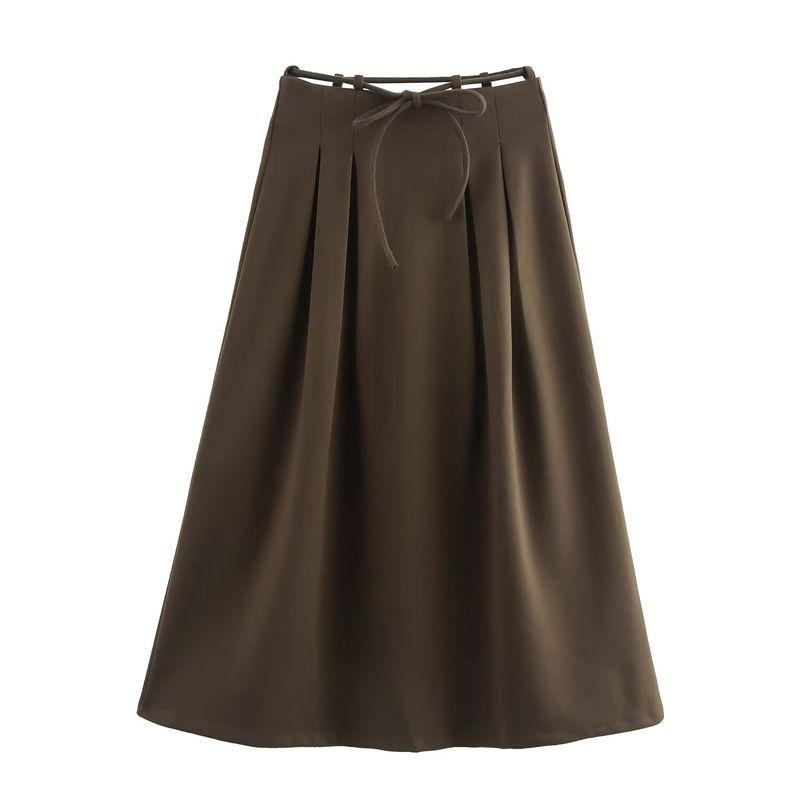 Kaslead New Arrival Women's Fashion Style Fashion Herringbone round Belt Big Hem Skirt Long Dress