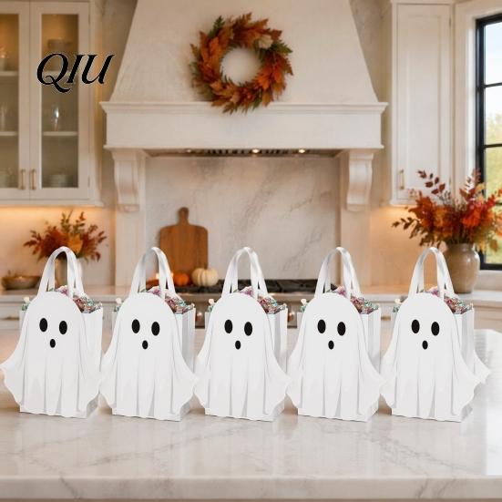 Reusable Small Gift Bags Halloween Ghost Cardboard Bag, Cute Candy Goodie Lightweight Portable Holders with Handle for Birthday, Trick or Treat Party