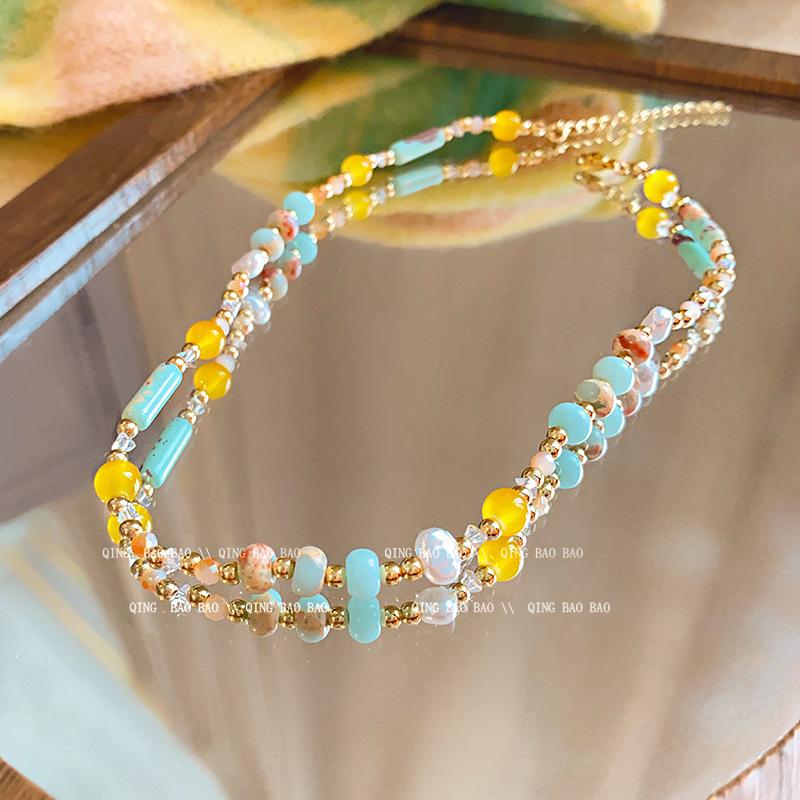 Meier Ethnic style colorful glass rice beads beaded necklace for women new chinoiserieretroniche style clavicle chain