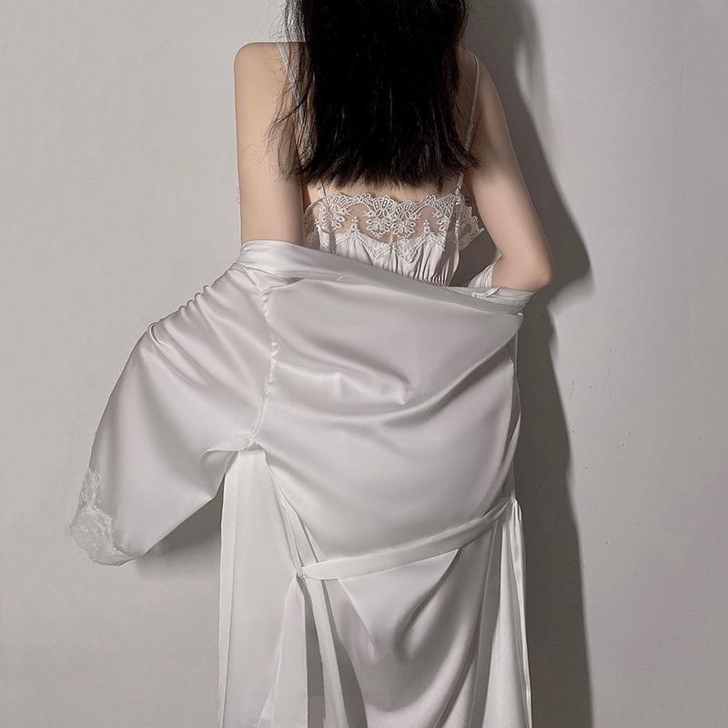 Bridal Morning Gown Sexy Satin Lace Suspender Nightdress Women's Long-sleeved Lace-up Nightgown Loungewear Set