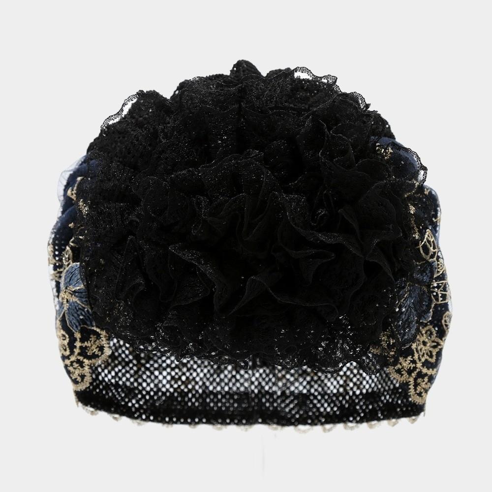 Soft Elastic Curly Hair Hat Embroidered Flowers Elderly Beauty Cap  All-match