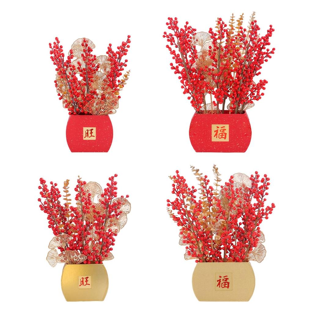 Artificial Flower Blessing Bucket Red Fruit Gold Leaves Potted Plant Tabletop Arrangement for Spring Festival Home Decor