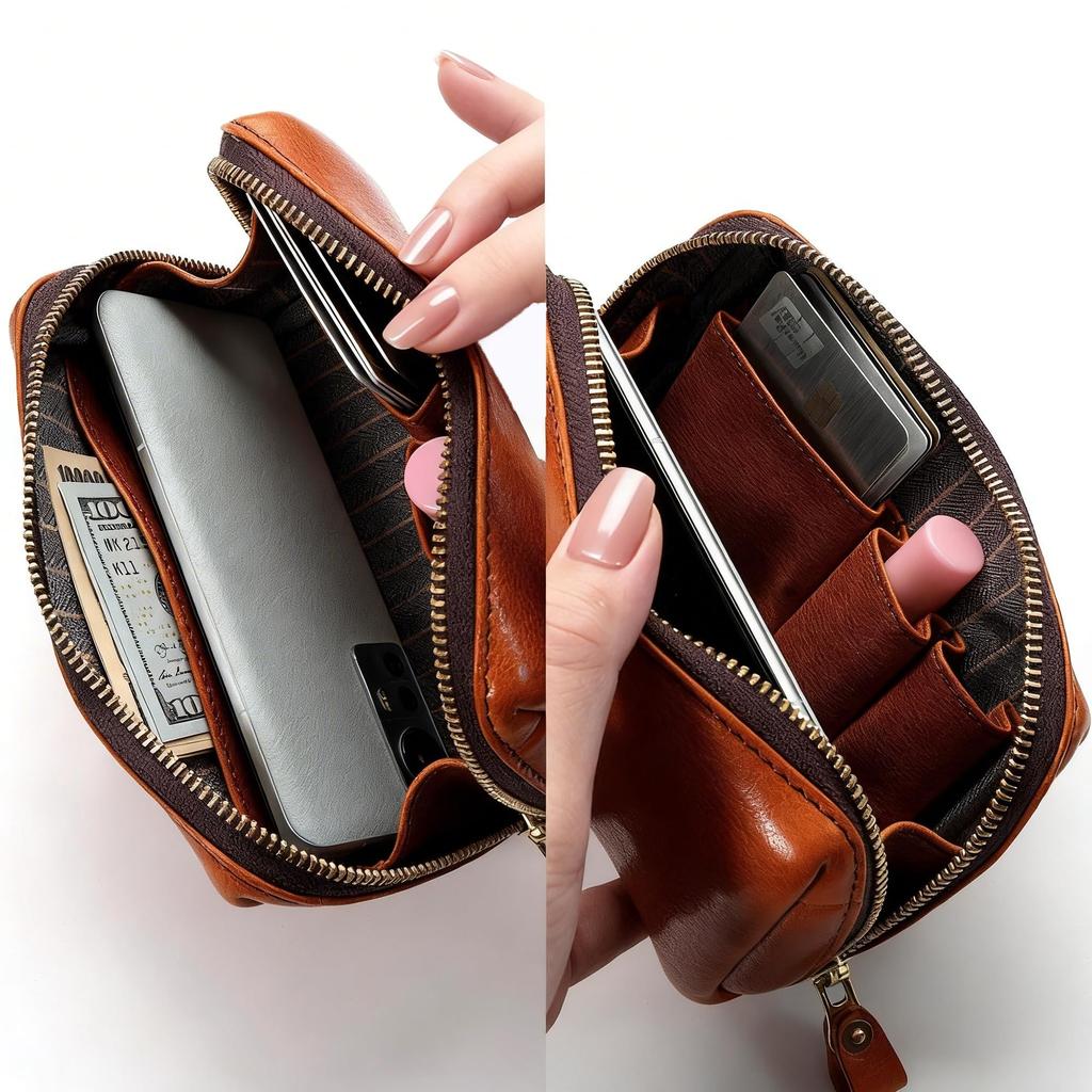 IJUN Vintage Clutch Bag for Women - Handmade Vegetable-Tanned Leather, Smartphone Compatible (Orange)
