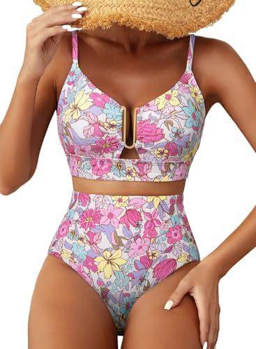 Women's High Waist U-Line Bikini Set Floral Print Swimsuit Cross Back Swimming