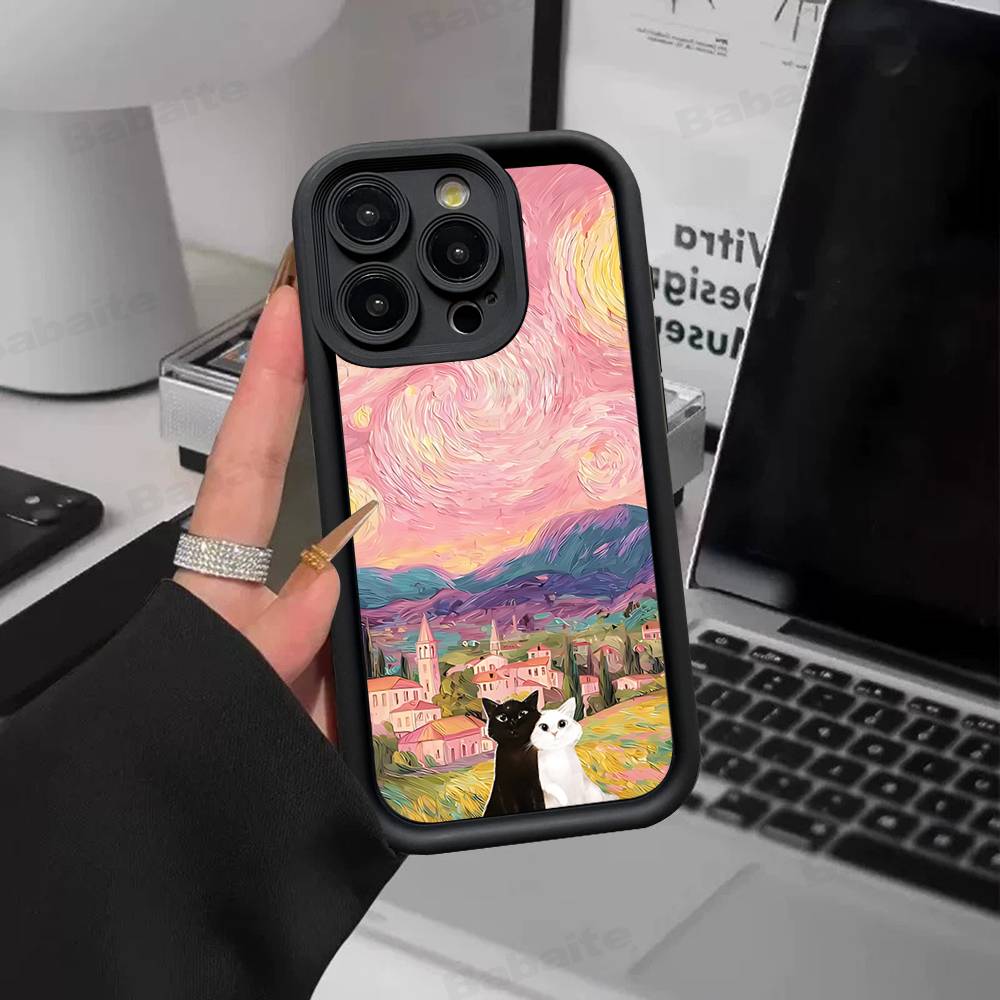 Black Cat Van Gogh Silicone Soft Phone Case For IPhone 17 16 14 13 12 11 15 Pro Max Plus Air Cover