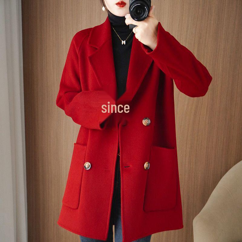 Luksusowy damski dwustronny wełniany płaszcz średniej długości z chenille - Duży rozmiar